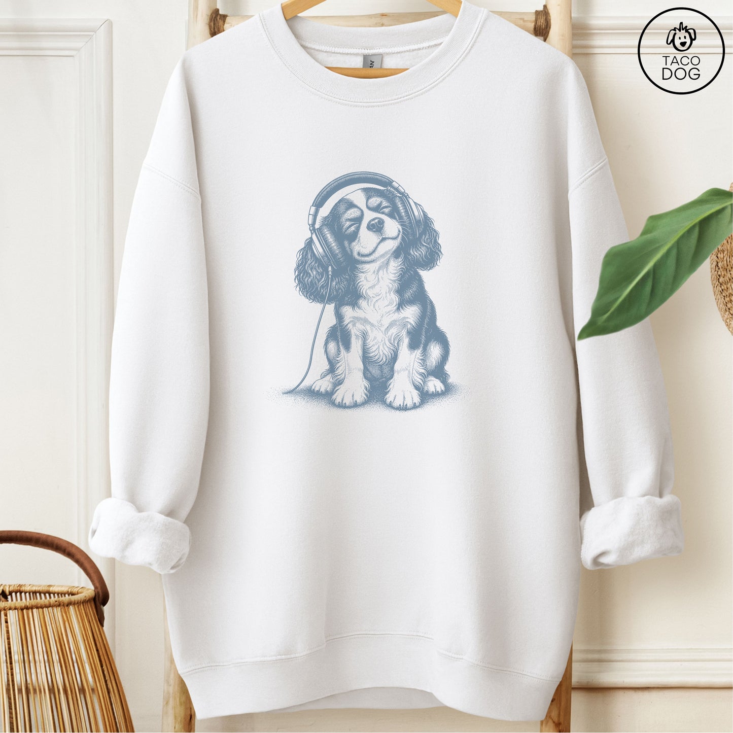 Cavalier King Charles Spaniel Headphones Sweatshirt White Taco-Dog