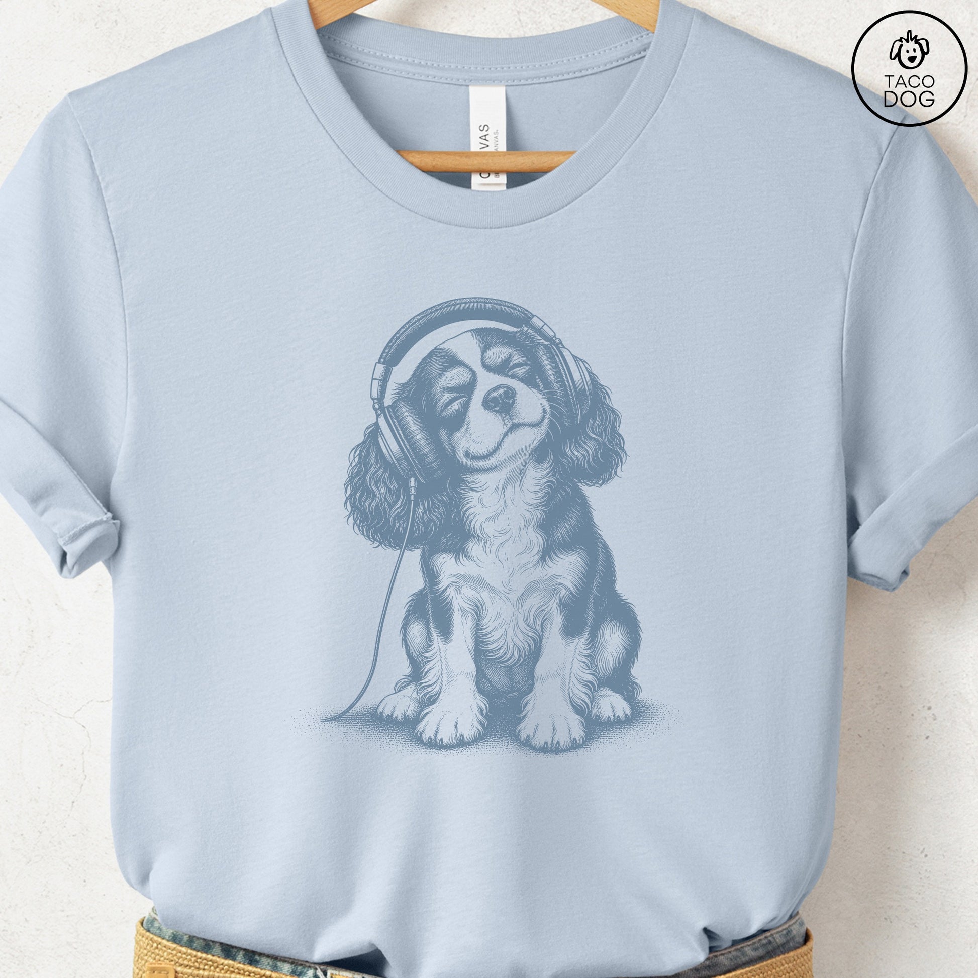 Cavalier King Charles Spaniel Headphones T-Shirt Light Blue Taco-Dog