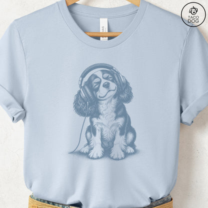 Cavalier King Charles Spaniel Headphones T-Shirt Light Blue Taco-Dog