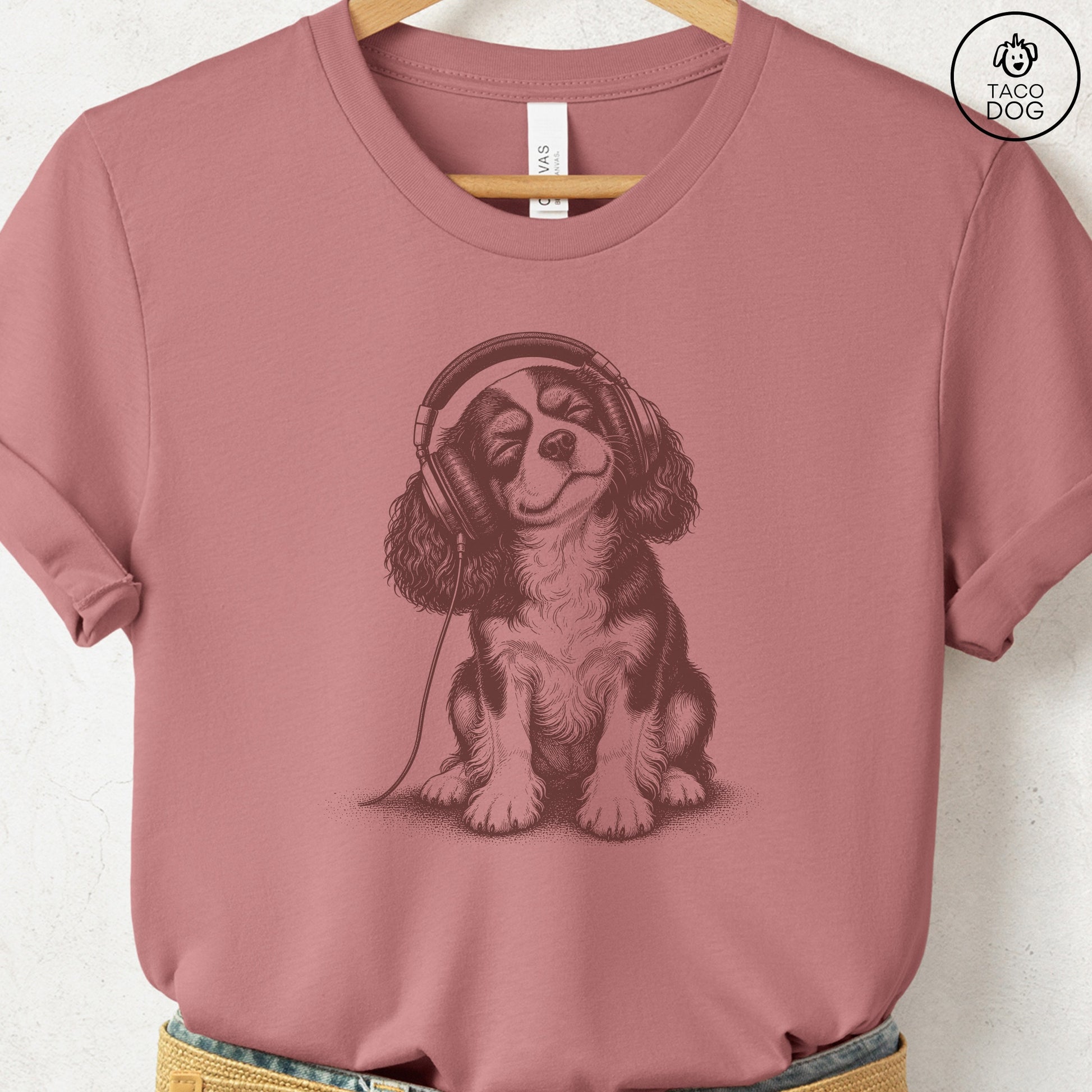 Cavalier King Charles Spaniel Headphones T-Shirt Heather Mauve Taco-Dog