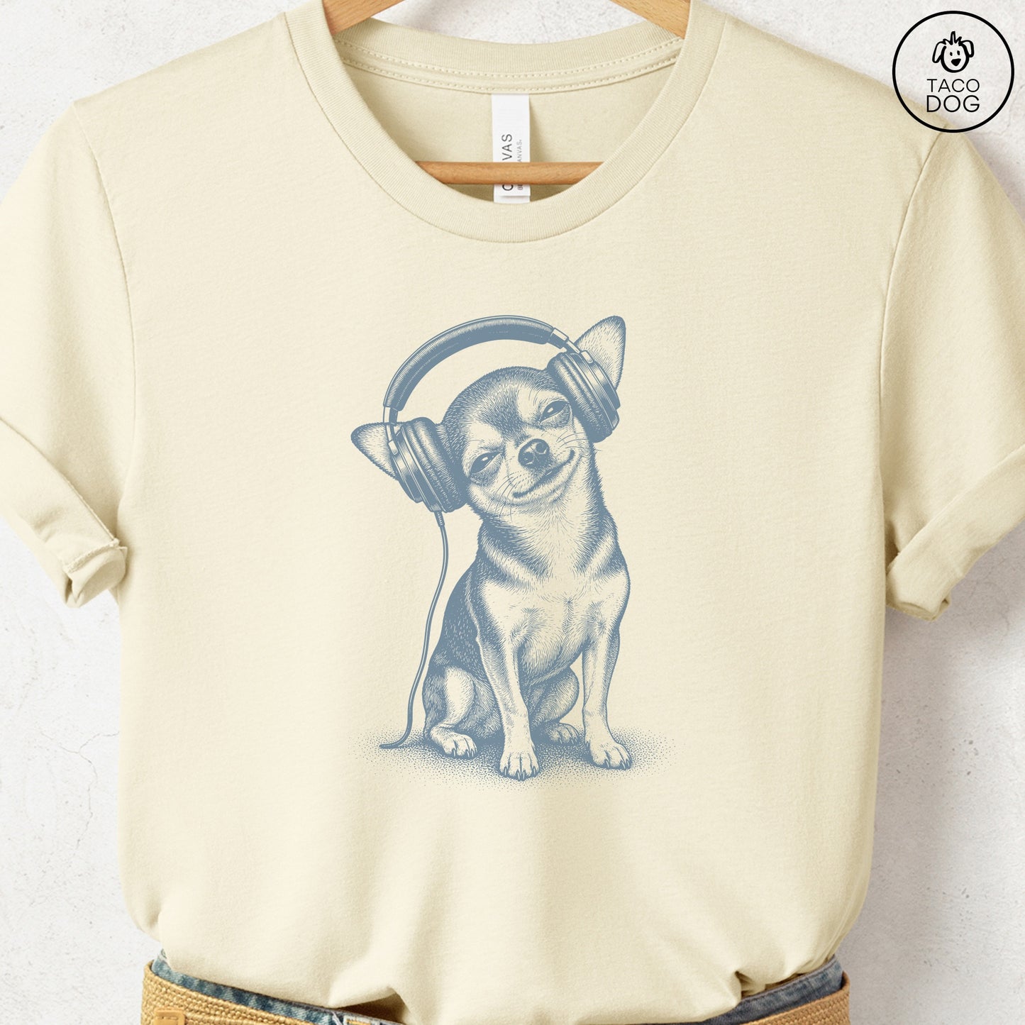 Chihuahua Headphones T-Shirt Natural Taco-Dog