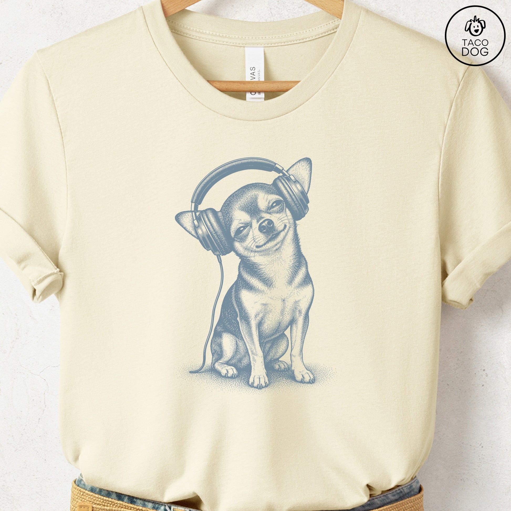 Chihuahua Headphones T-Shirt Natural Taco-Dog