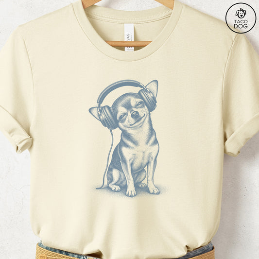 Chihuahua Headphones T-Shirt Natural Taco-Dog