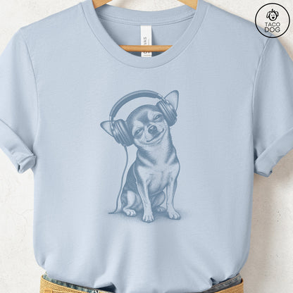 Chihuahua Headphones T-Shirt Light Blue Taco-Dog
