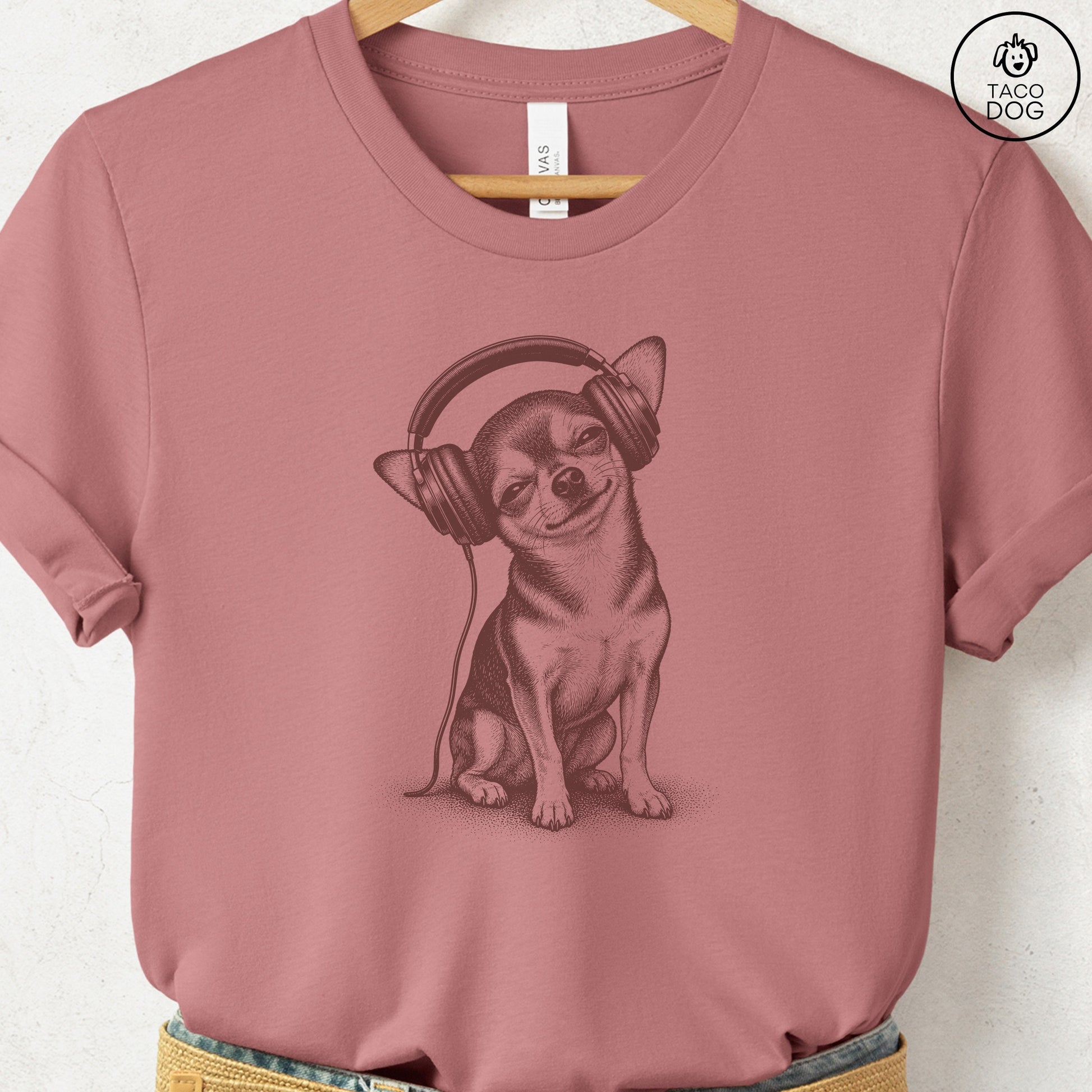 Chihuahua Headphones T-Shirt Heather Mauve Taco-Dog