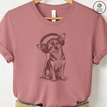 Chihuahua Headphones T-Shirt Heather Mauve Taco-Dog