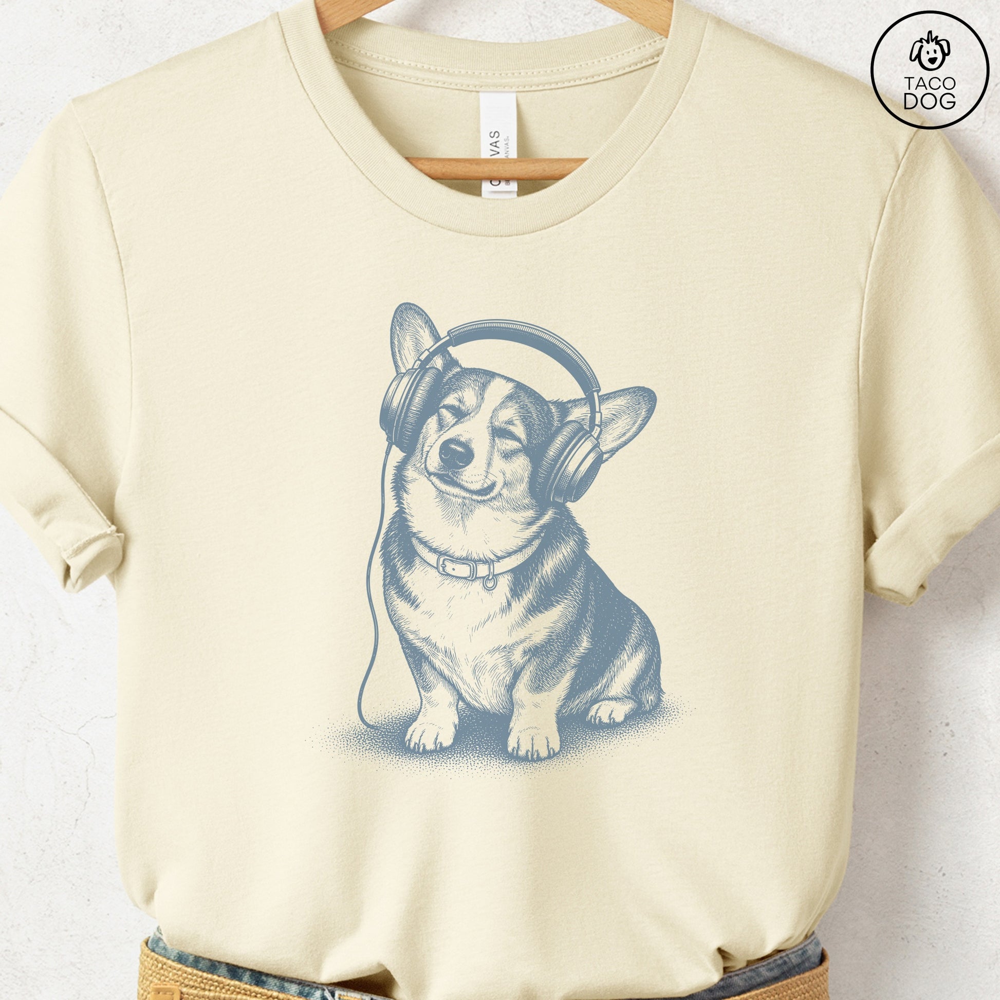 Corgi Headphones T-Shirt Natural Taco-Dog