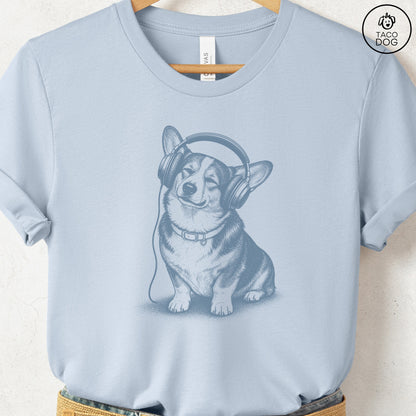 Corgi Headphones T-Shirt Light Blue Taco-Dog