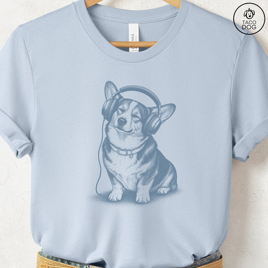 Corgi Headphones T-Shirt Light Blue Taco-Dog