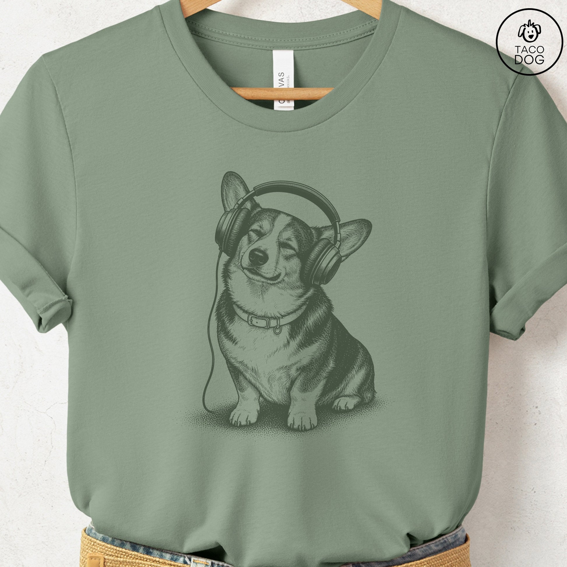 Corgi Headphones T-Shirt Sage Taco-Dog