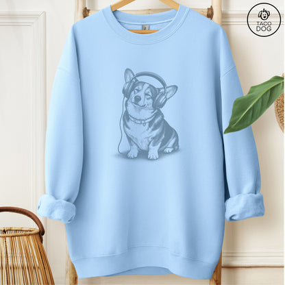 Corgi Headphones Sweatshirt Light Blue Taco-Dog