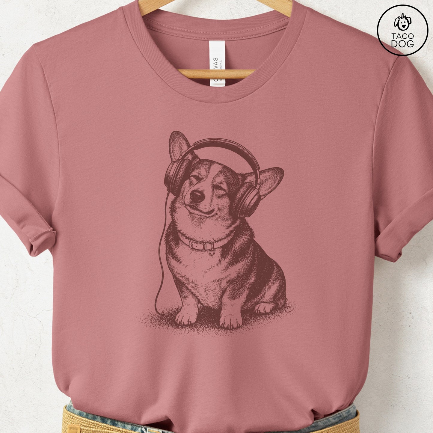 Corgi Headphones T-Shirt Heather Mauve Taco-Dog