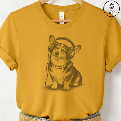 Corgi Headphones T-Shirt Mustard Taco-Dog
