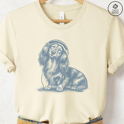 Dachshund Headphones T-Shirt Natural Taco-Dog