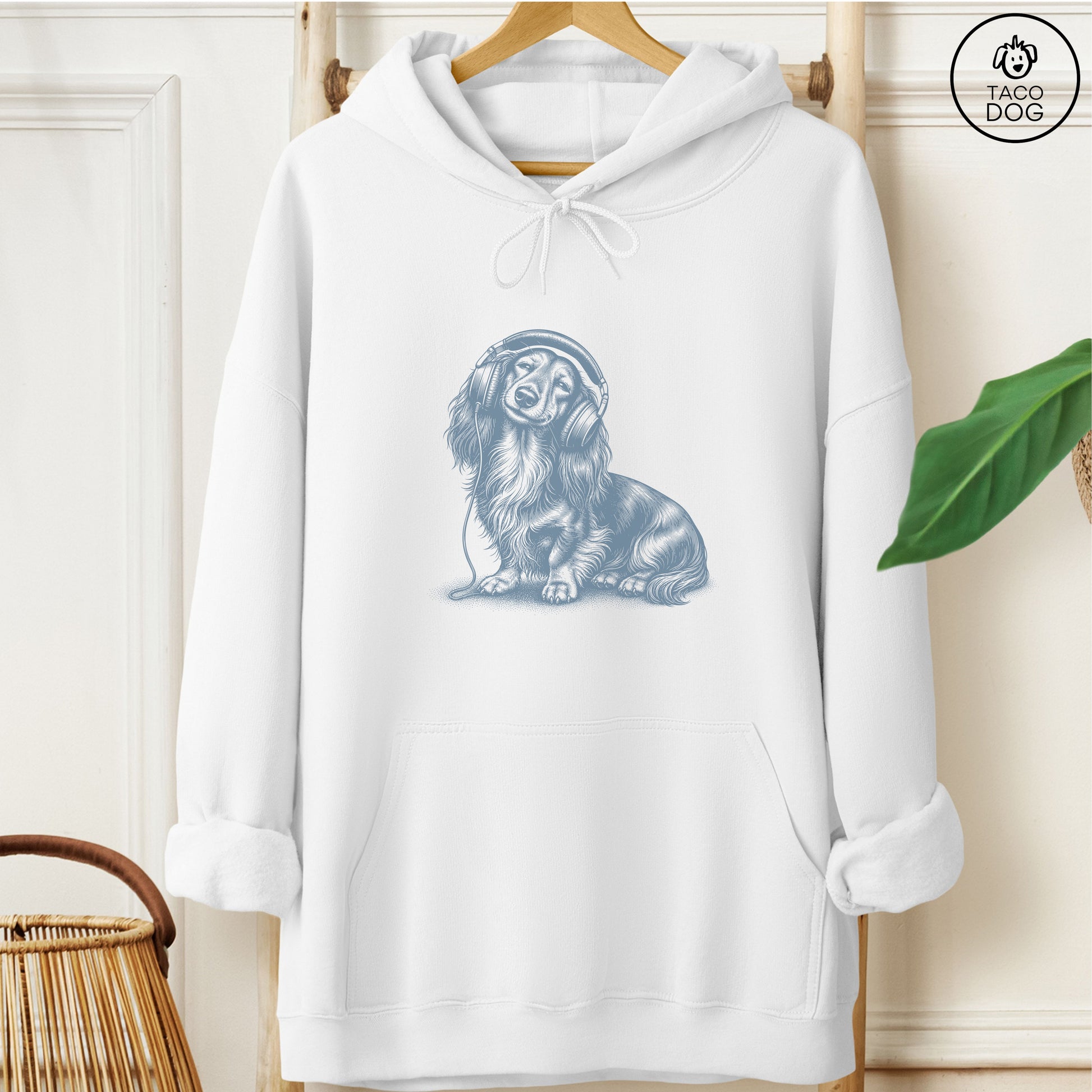 Dachshund Headphones Hoodie White Taco-Dog