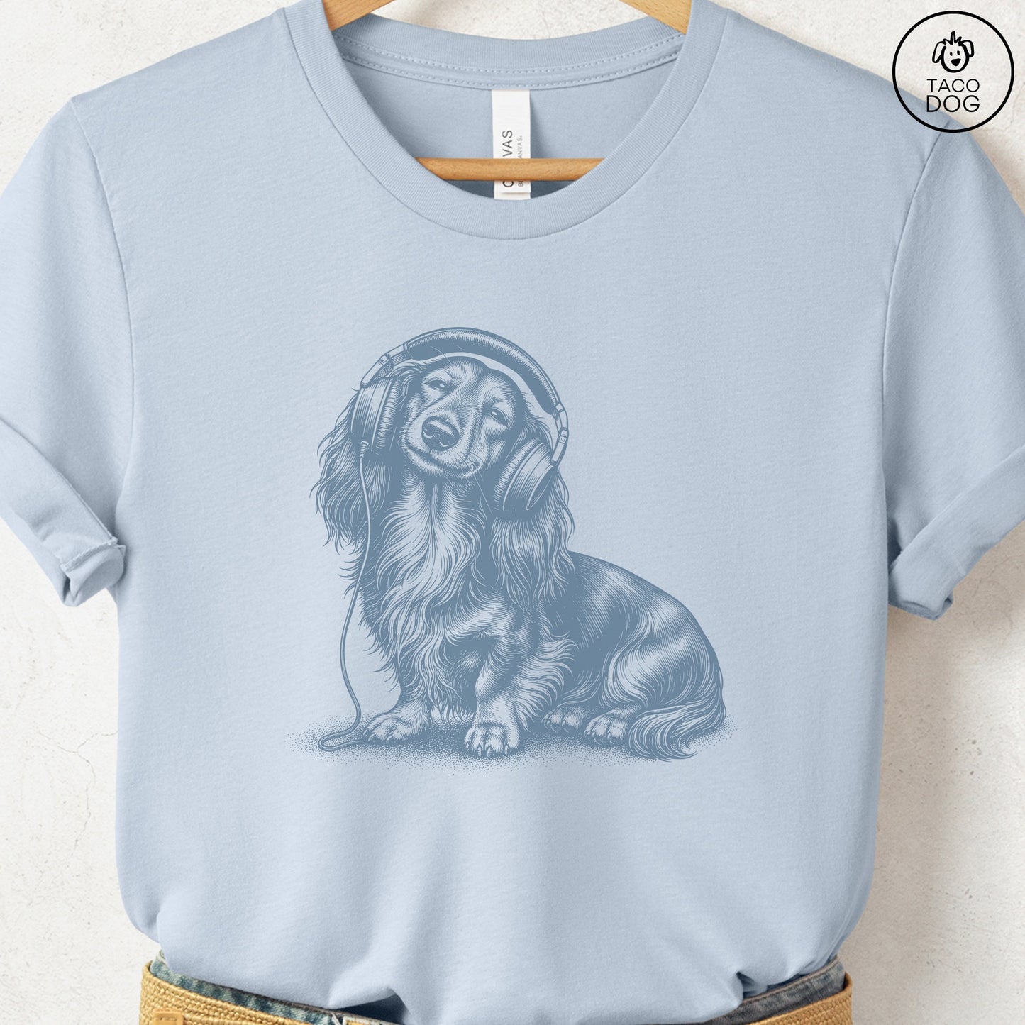 Dachshund Headphones T-Shirt Light Blue Taco-Dog