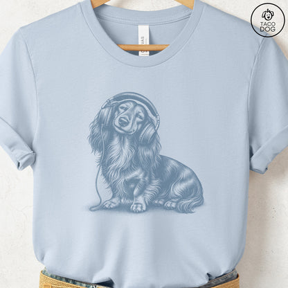 Dachshund Headphones T-Shirt Light Blue Taco-Dog
