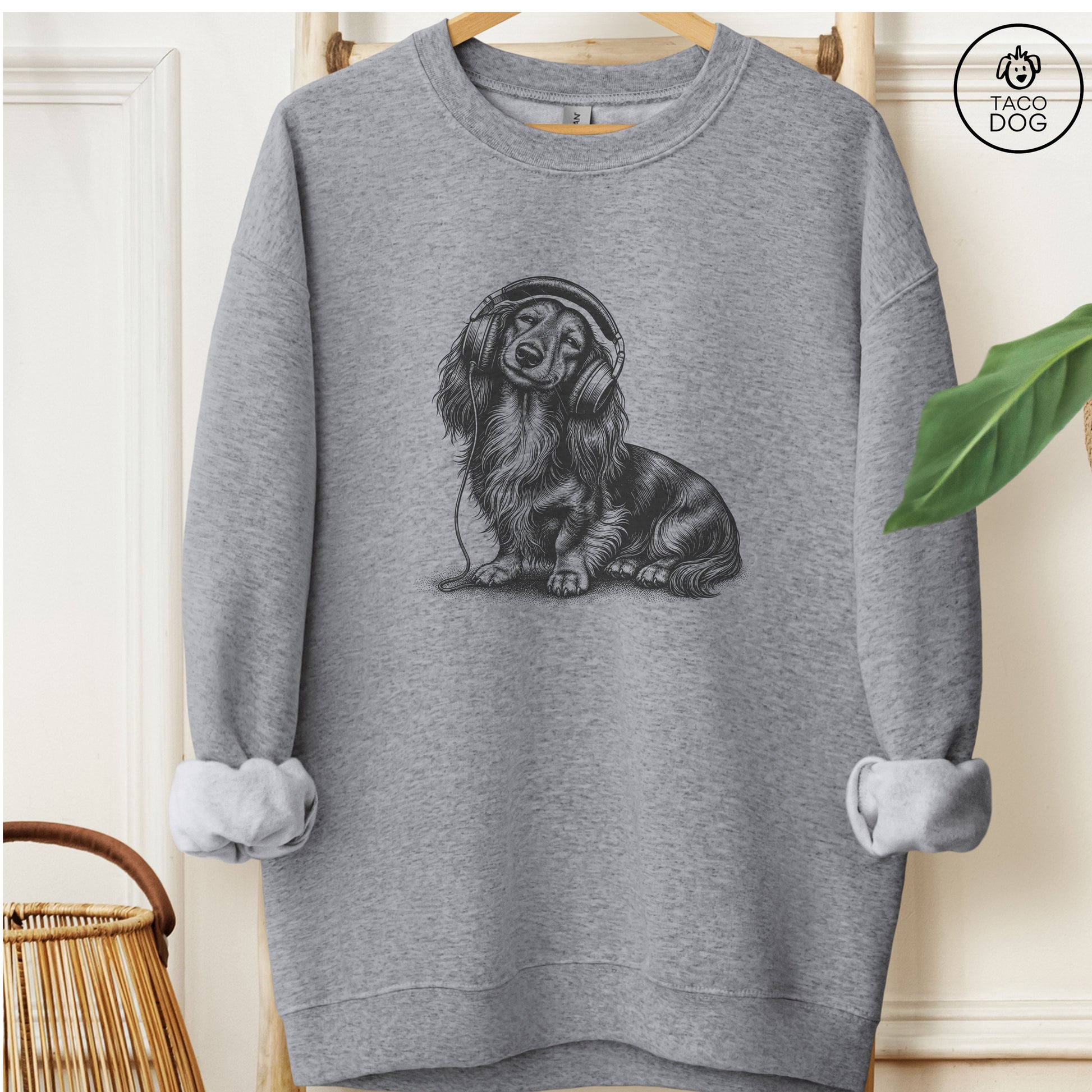 Dachshund Headphones Sweatshirt Graphite Heather Taco-Dog