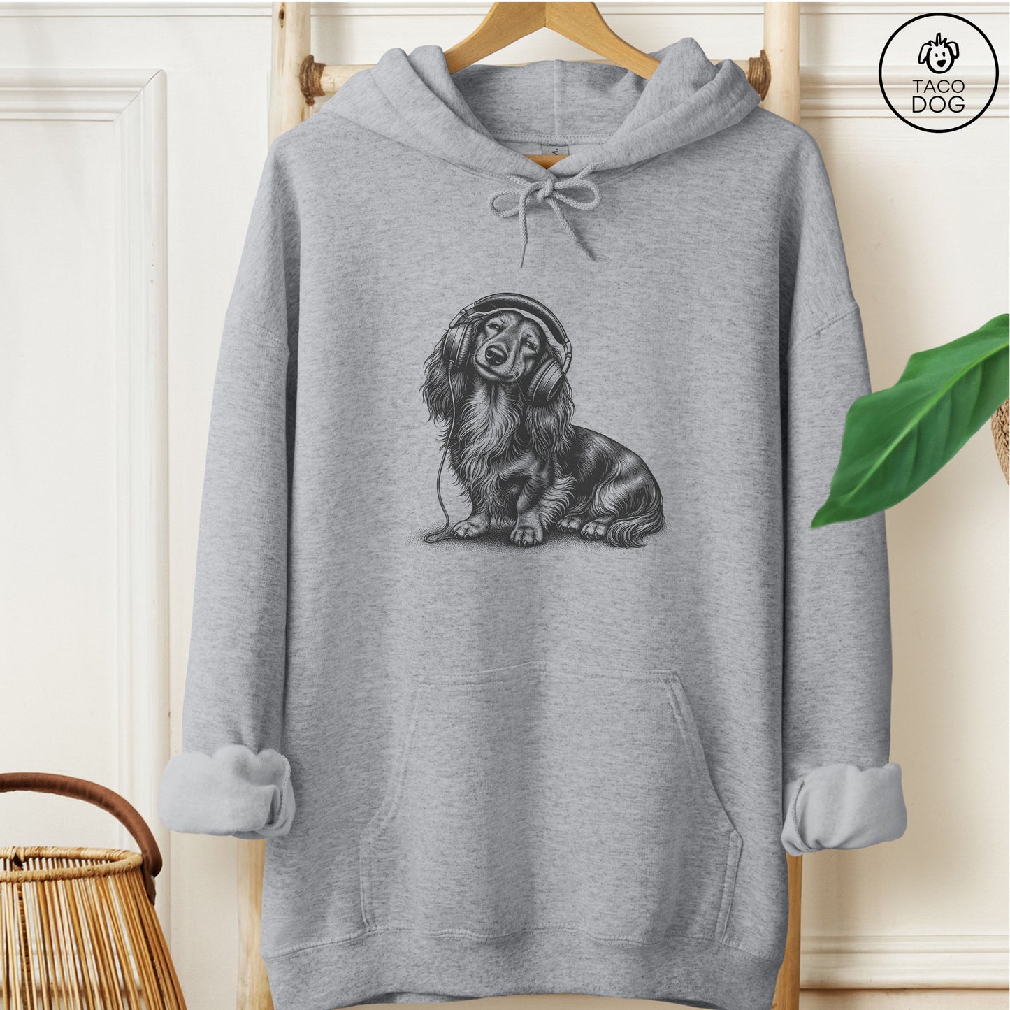 Dachshund Headphones Hoodie Graphite Heather Taco-Dog