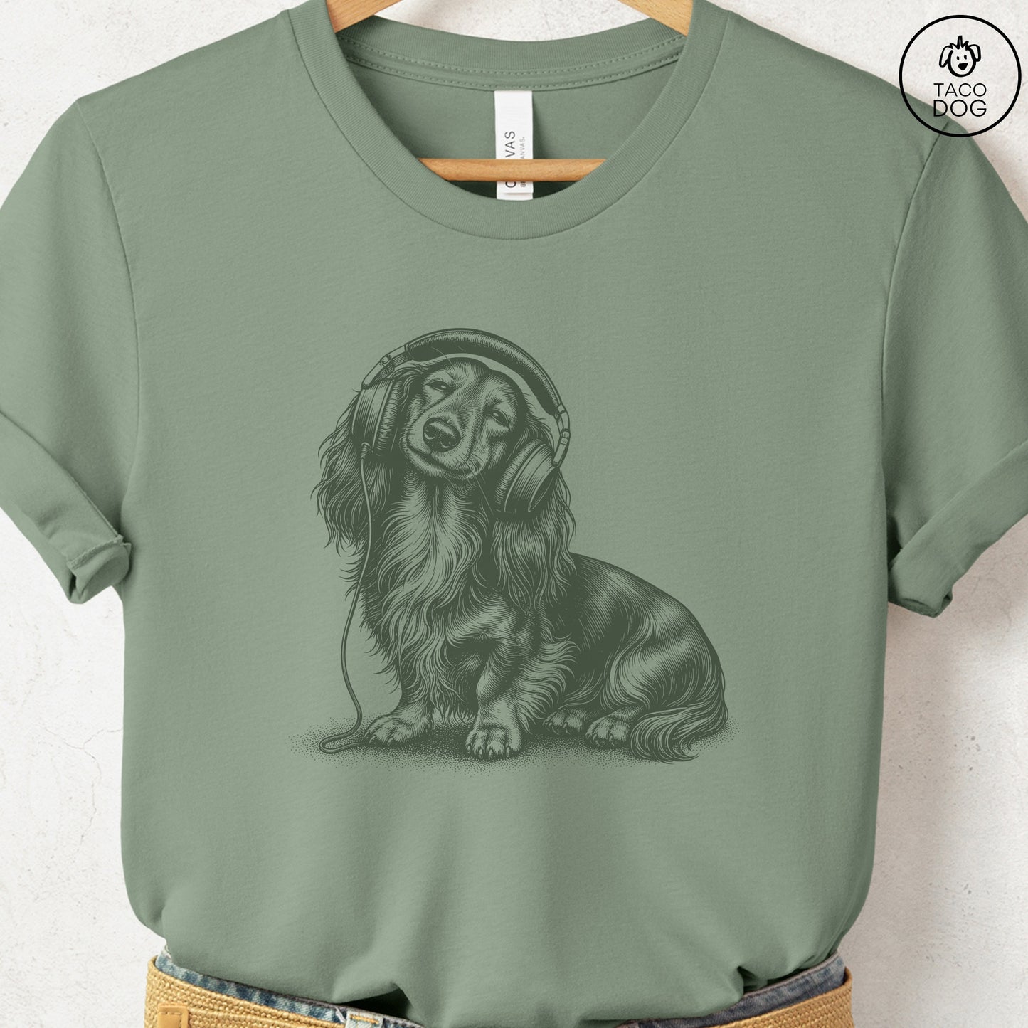 Dachshund Headphones T-Shirt Sage Taco-Dog