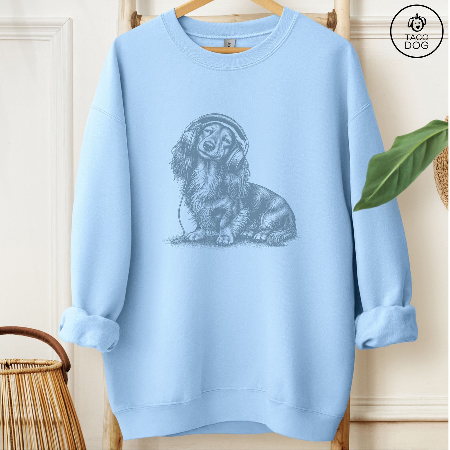 Dachshund Headphones Sweatshirt Light Blue Taco-Dog