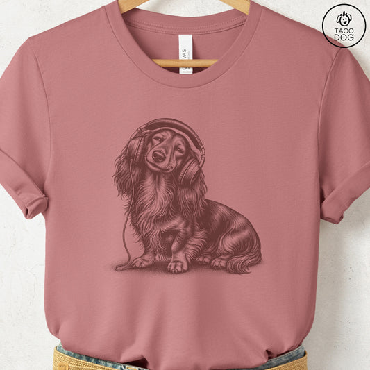 Dachshund Headphones T-Shirt Heather Mauve Taco-Dog