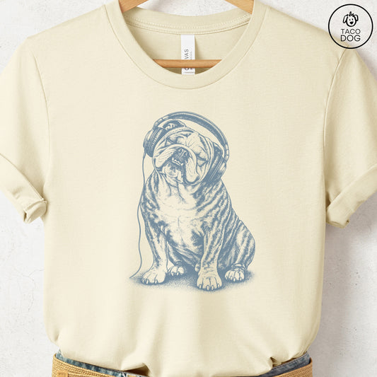 English Bulldog Headphones T-Shirt Natural Taco-Dog