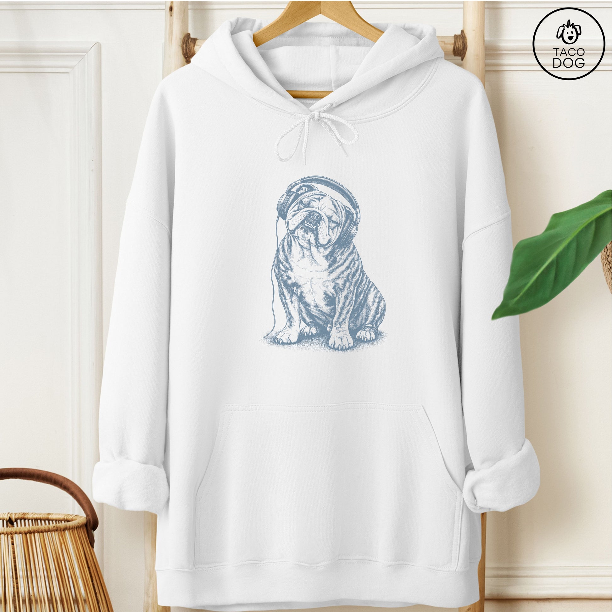 English Bulldog Headphones Hoodie White Taco-Dog