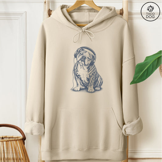 English Bulldog Headphones Hoodie Sand Taco-Dog