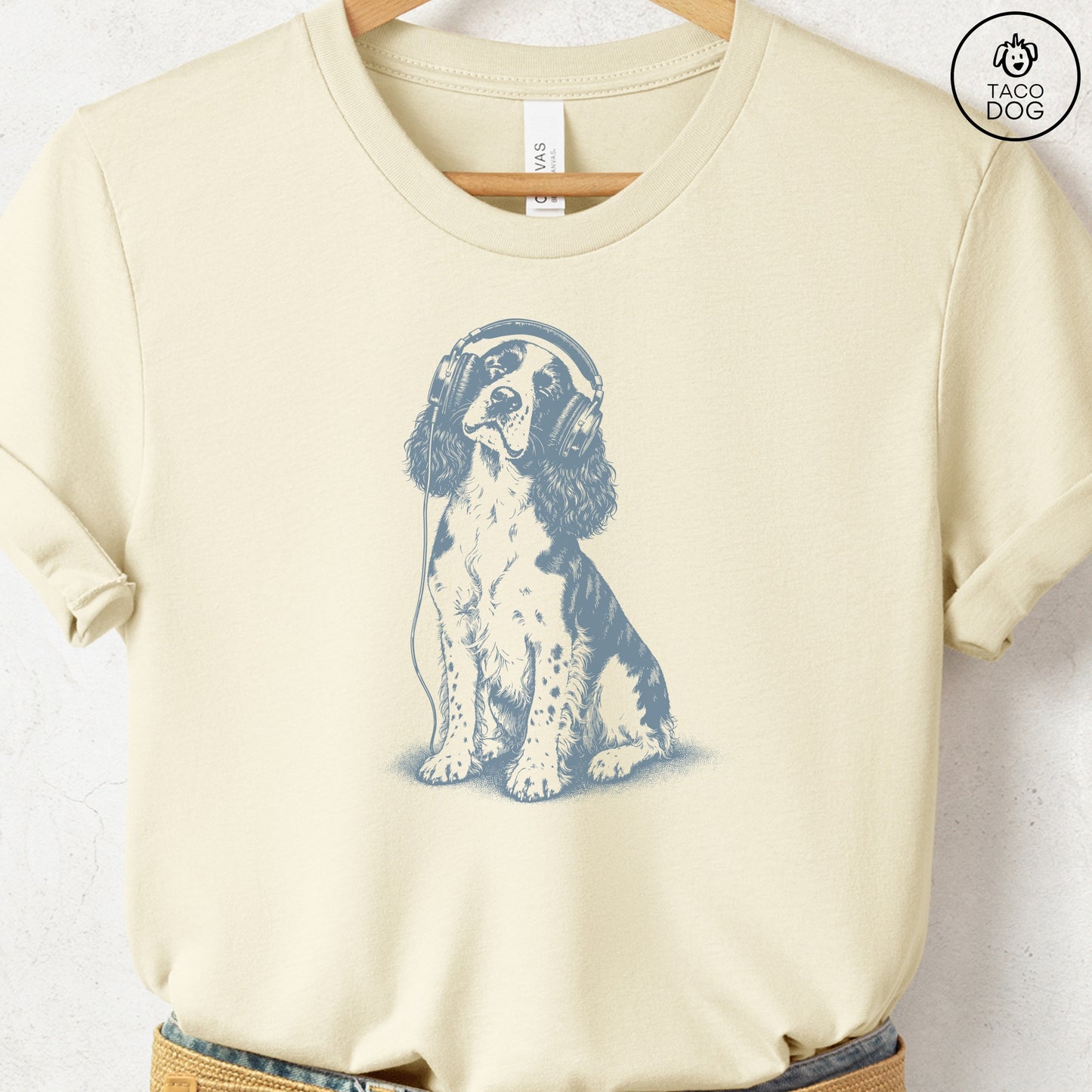 Springer Spaniel Headphones T-Shirt Natural Taco-Dog