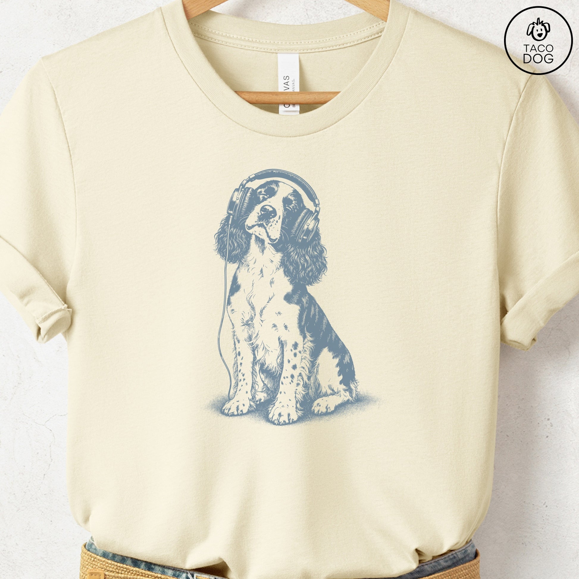 Springer Spaniel Headphones T-Shirt Natural Taco-Dog