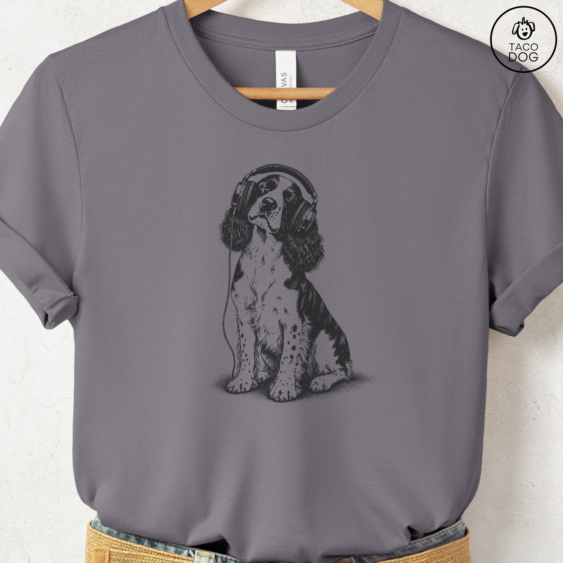 Springer Spaniel Headphones T-Shirt Storm Taco-Dog