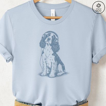 Springer Spaniel Headphones T-Shirt Light Blue Taco-Dog