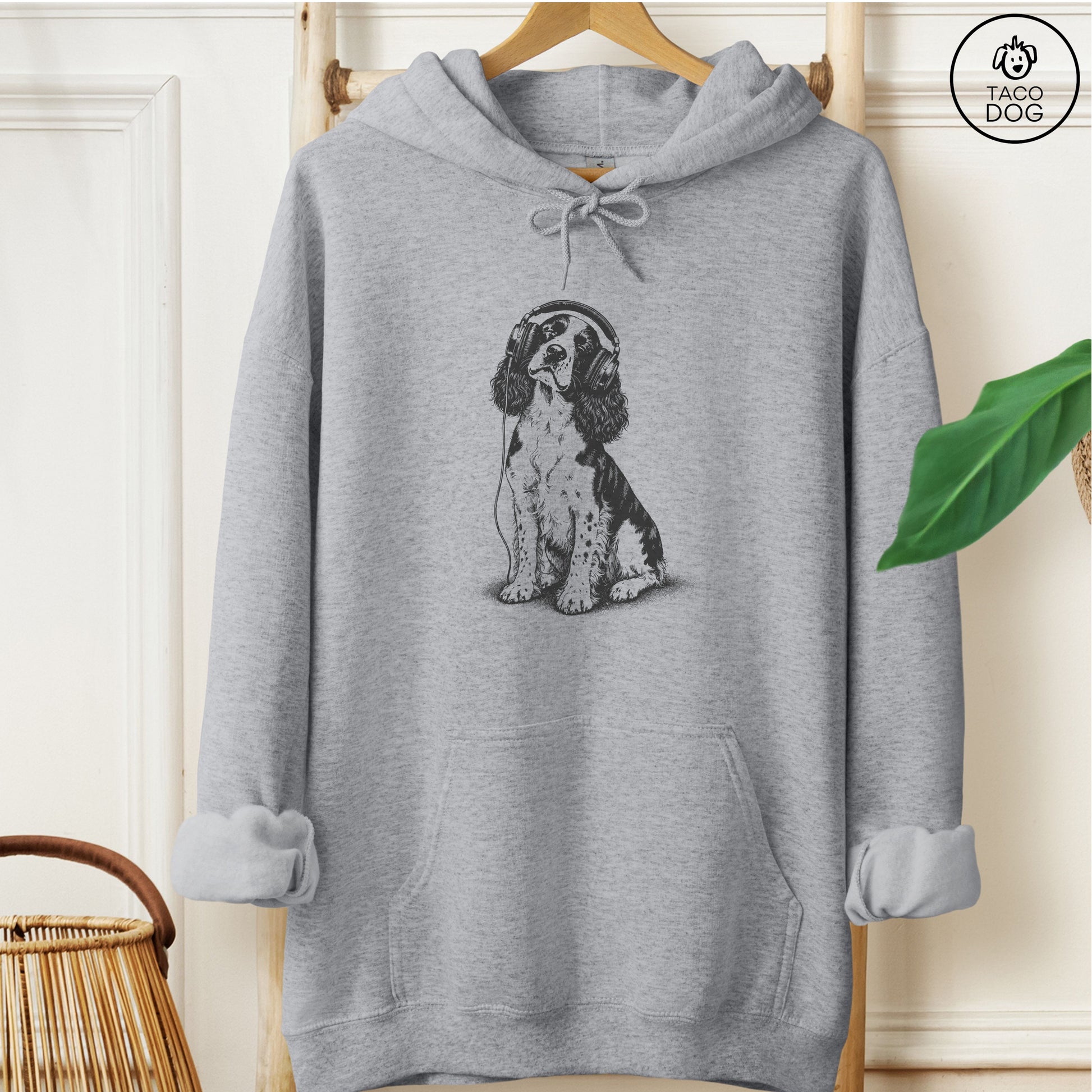 Springer Spaniel Headphones Hoodie Graphite Heather Taco-Dog