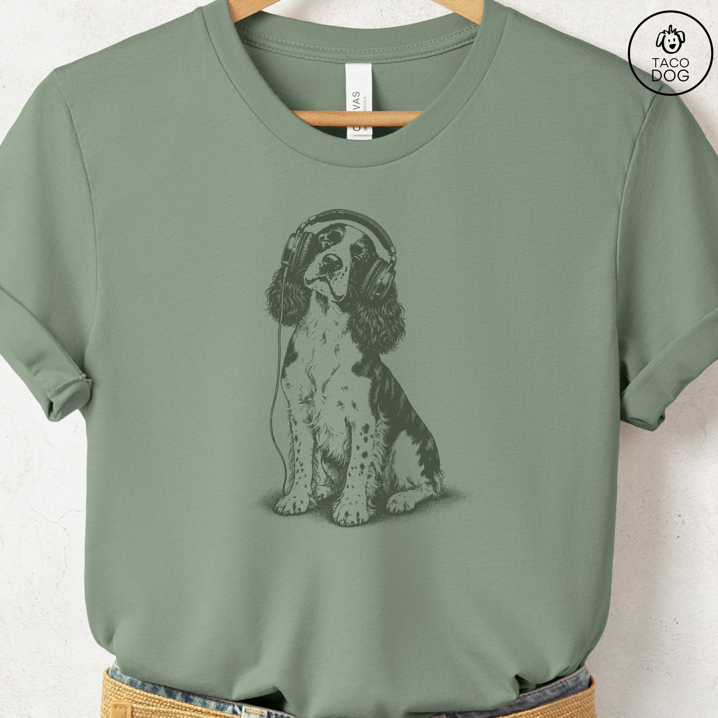 Springer Spaniel Headphones T-Shirt Sage Taco-Dog