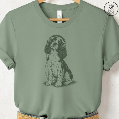 Springer Spaniel Headphones T-Shirt Sage Taco-Dog