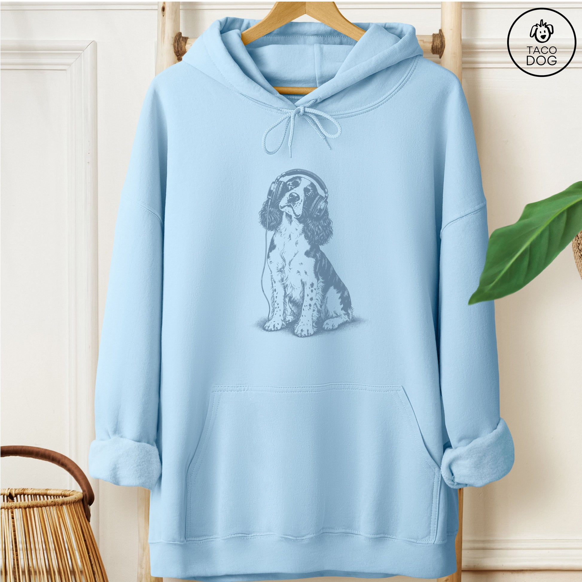 Springer Spaniel Headphones Hoodie Light Blue Taco-Dog