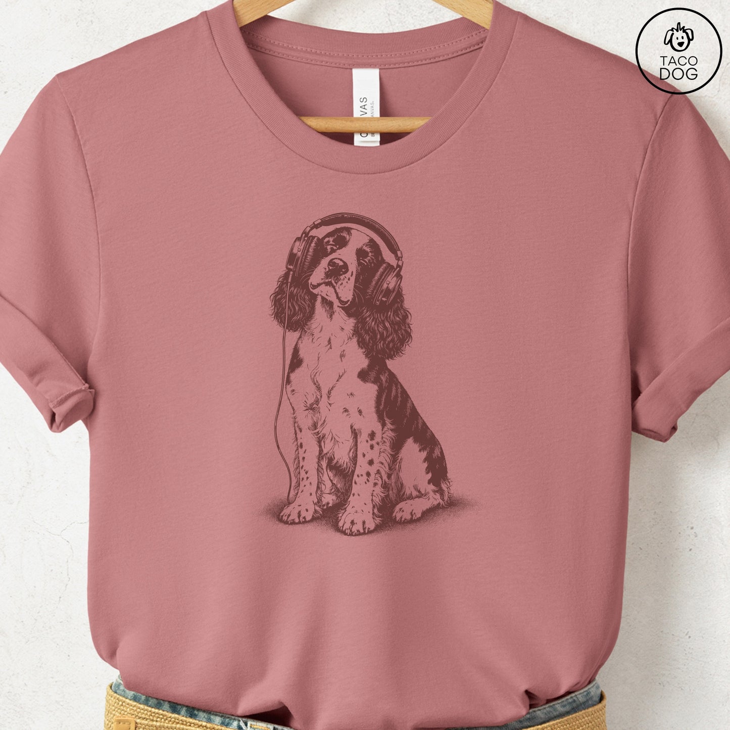Springer Spaniel Headphones T-Shirt Heather Mauve Taco-Dog