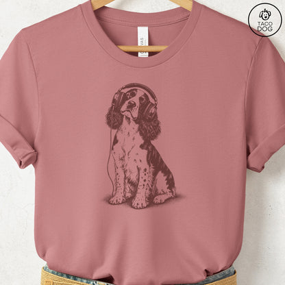 Springer Spaniel Headphones T-Shirt Heather Mauve Taco-Dog