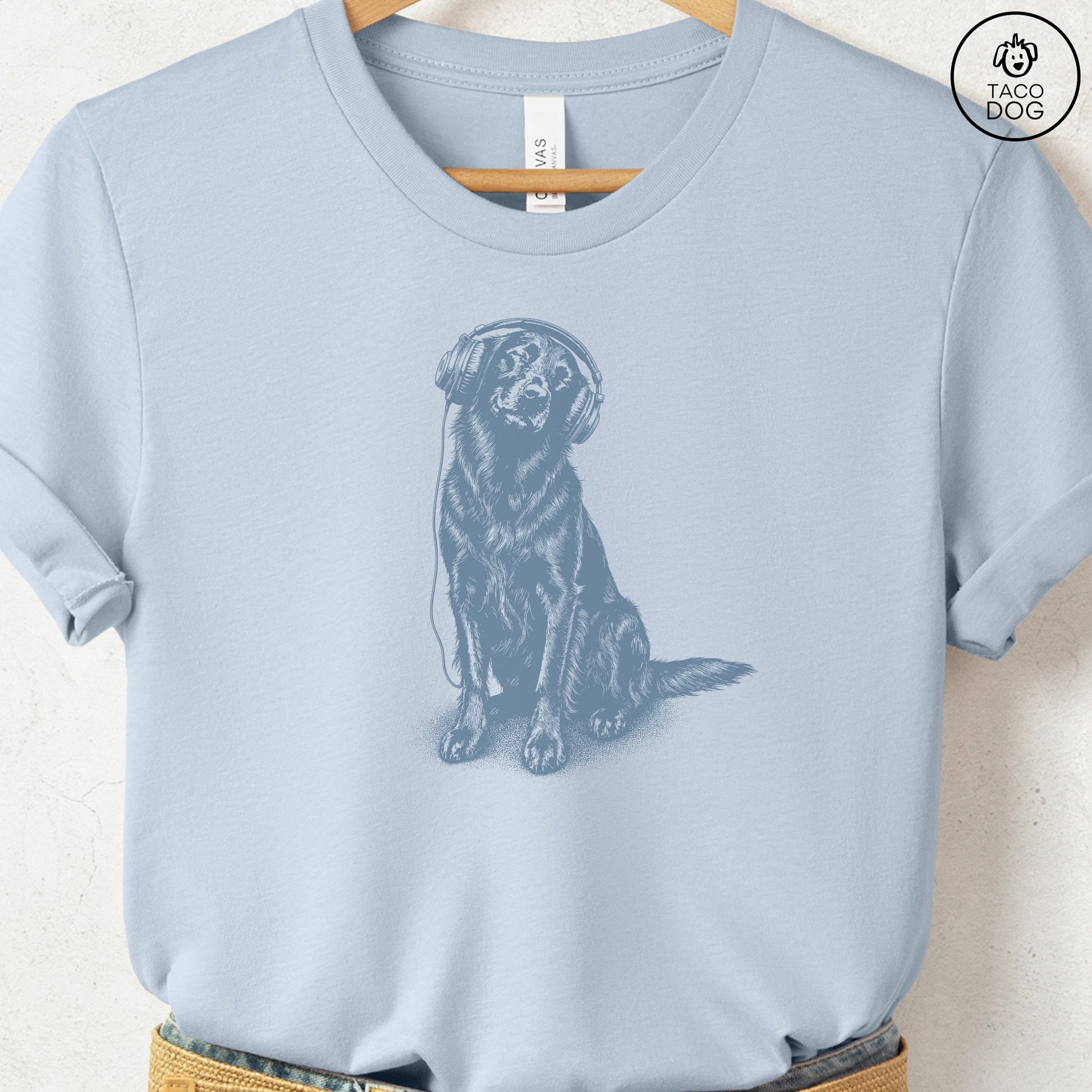Flat-Coated Retriever Headphones T-Shirt Light Blue Taco-Dog