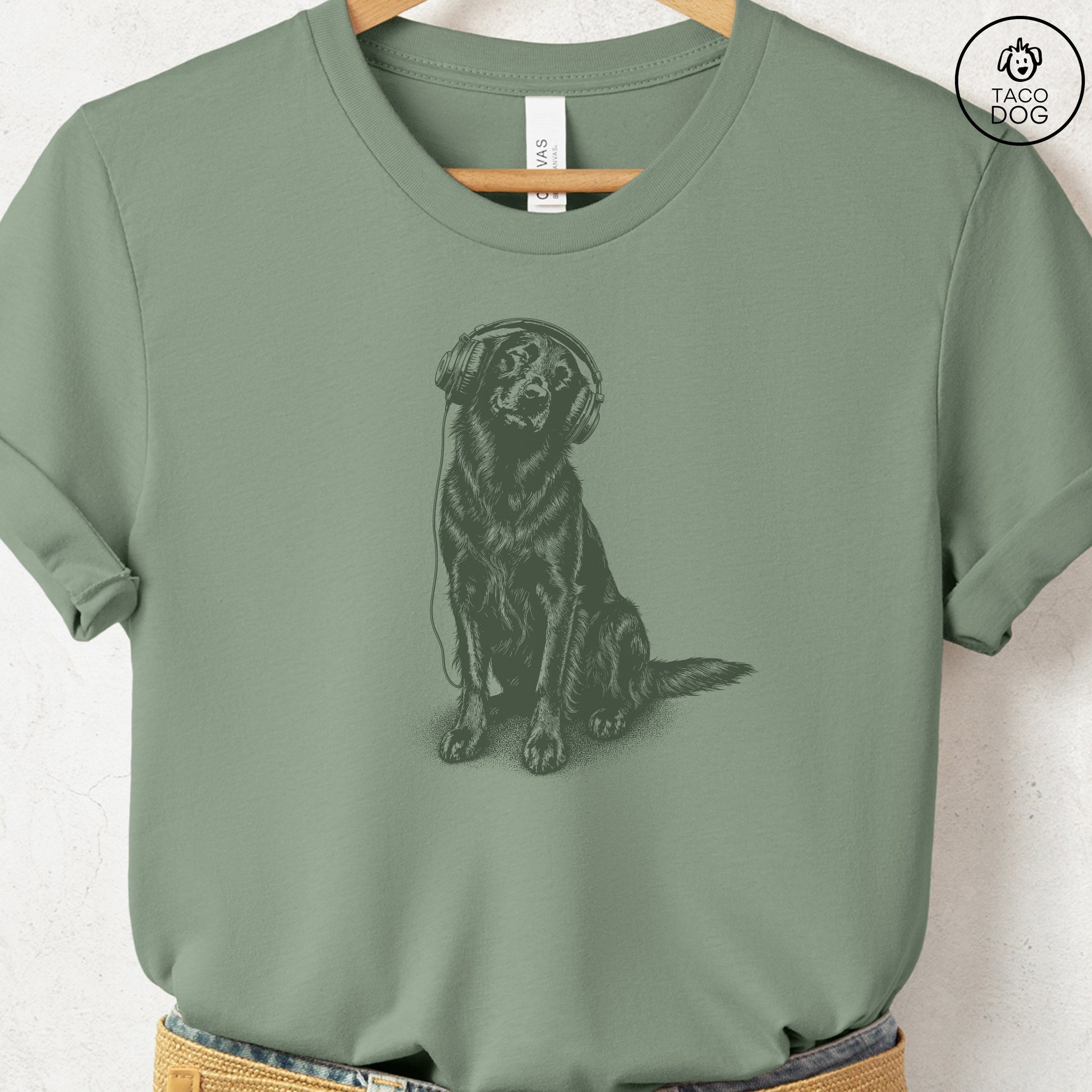Flat-Coated Retriever Headphones T-Shirt Sage Taco-Dog