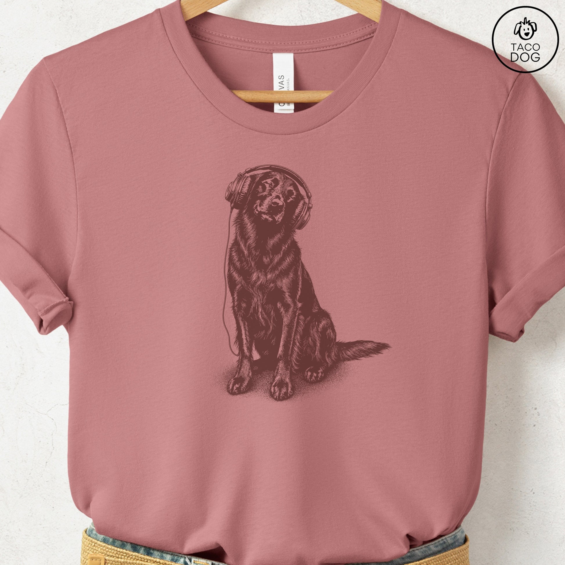 Flat-Coated Retriever Headphones T-Shirt Heather Mauve Taco-Dog