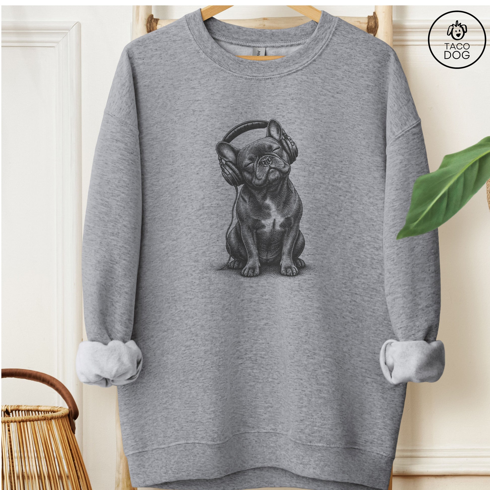 French Bulldog Frenchie Headphones Sweatshirt Graphite Heather Taco-Dog