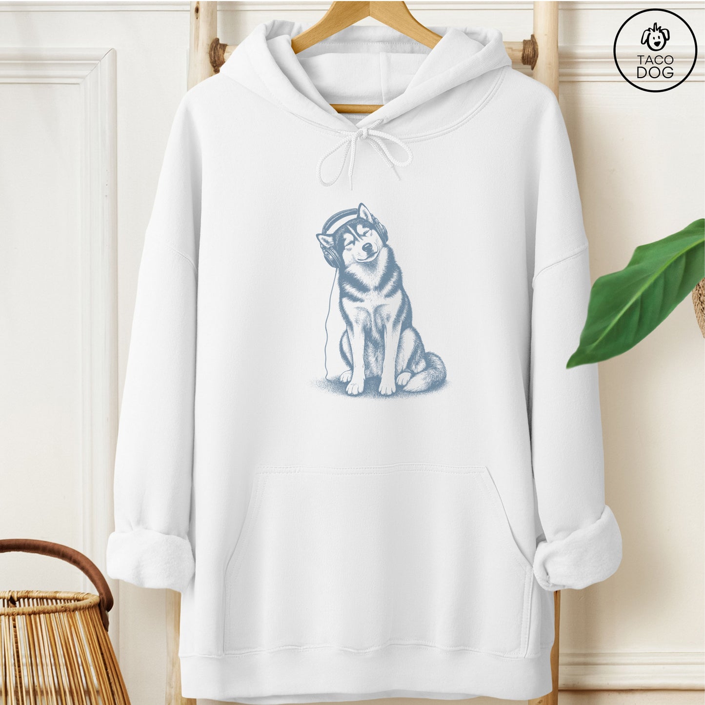 Husky Headphones Hoodie White Taco-Dog