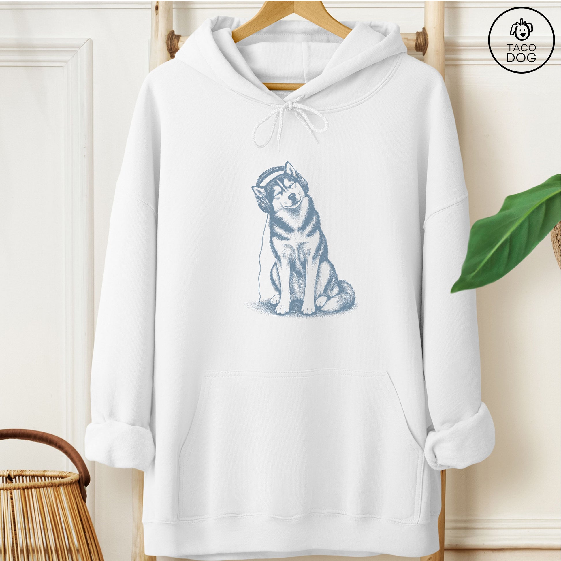 Husky Headphones Hoodie White Taco-Dog