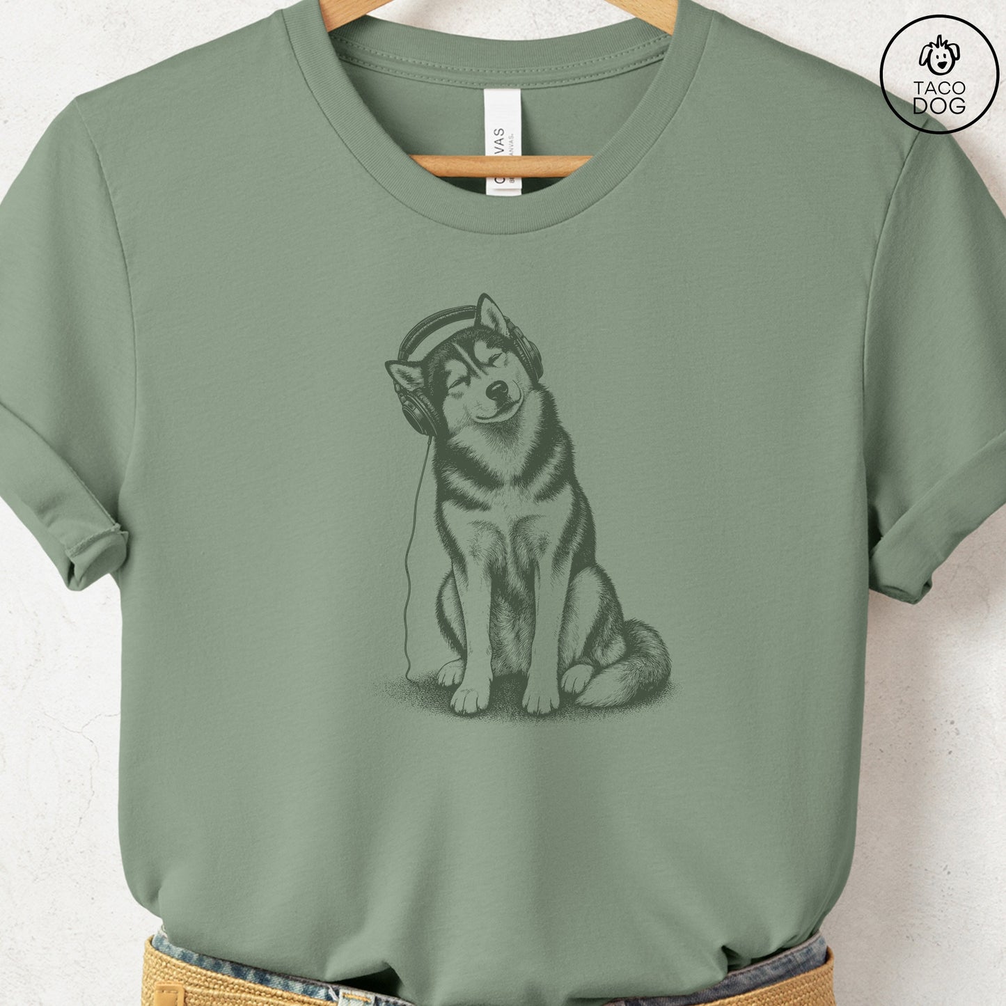 Husky Headphones T-Shirt Sage Taco-Dog
