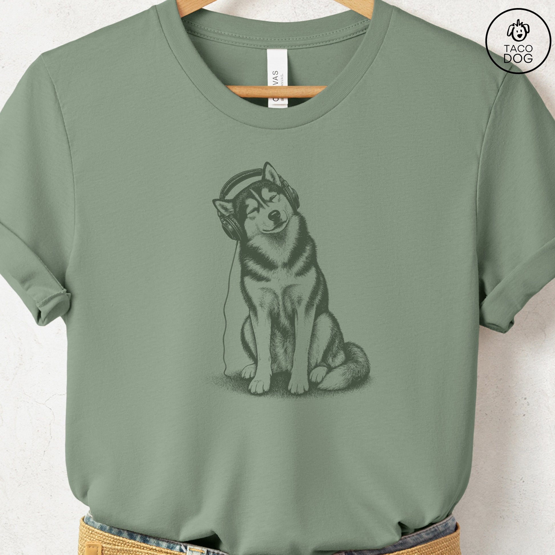 Husky Headphones T-Shirt Sage Taco-Dog