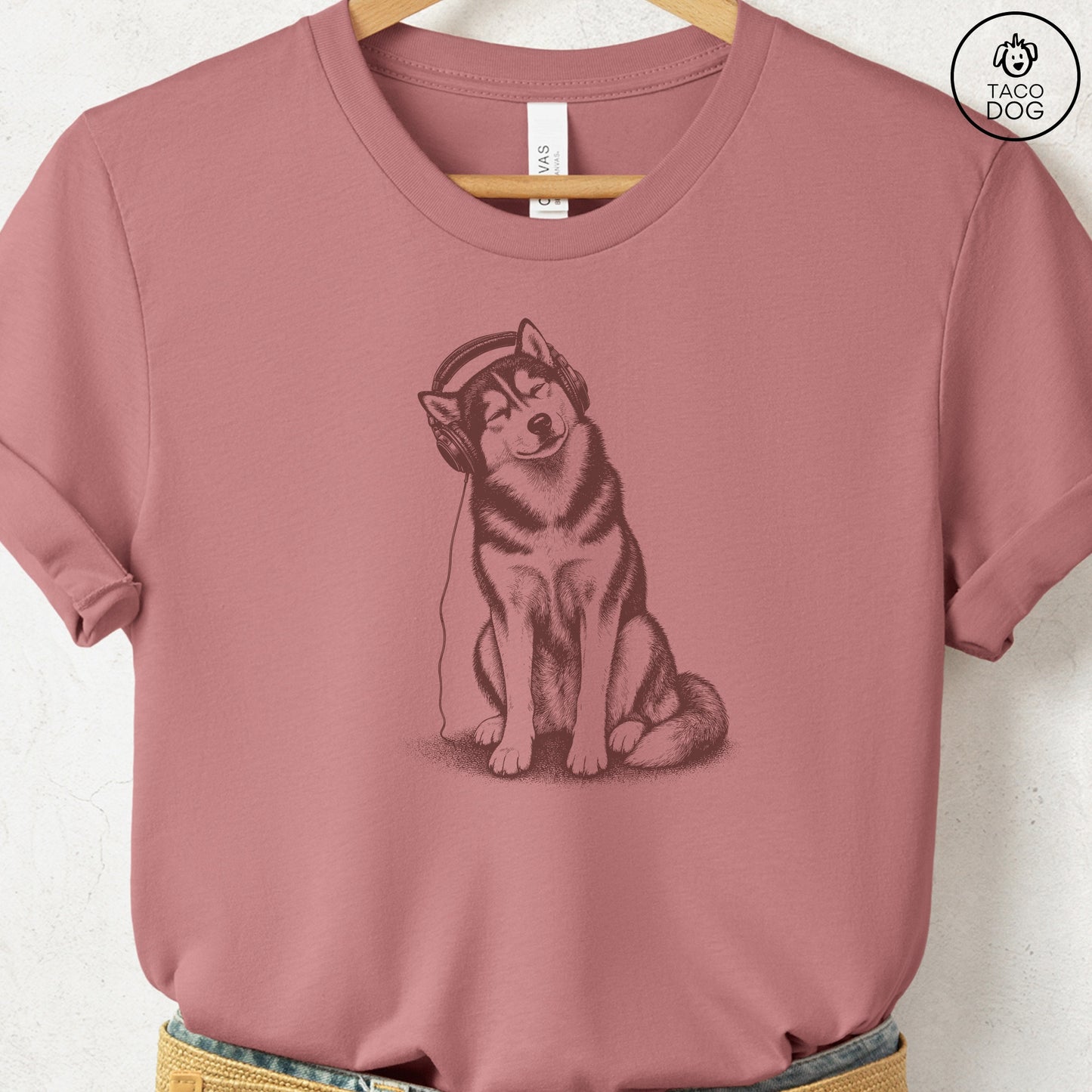 Husky Headphones T-Shirt Heather Mauve Taco-Dog