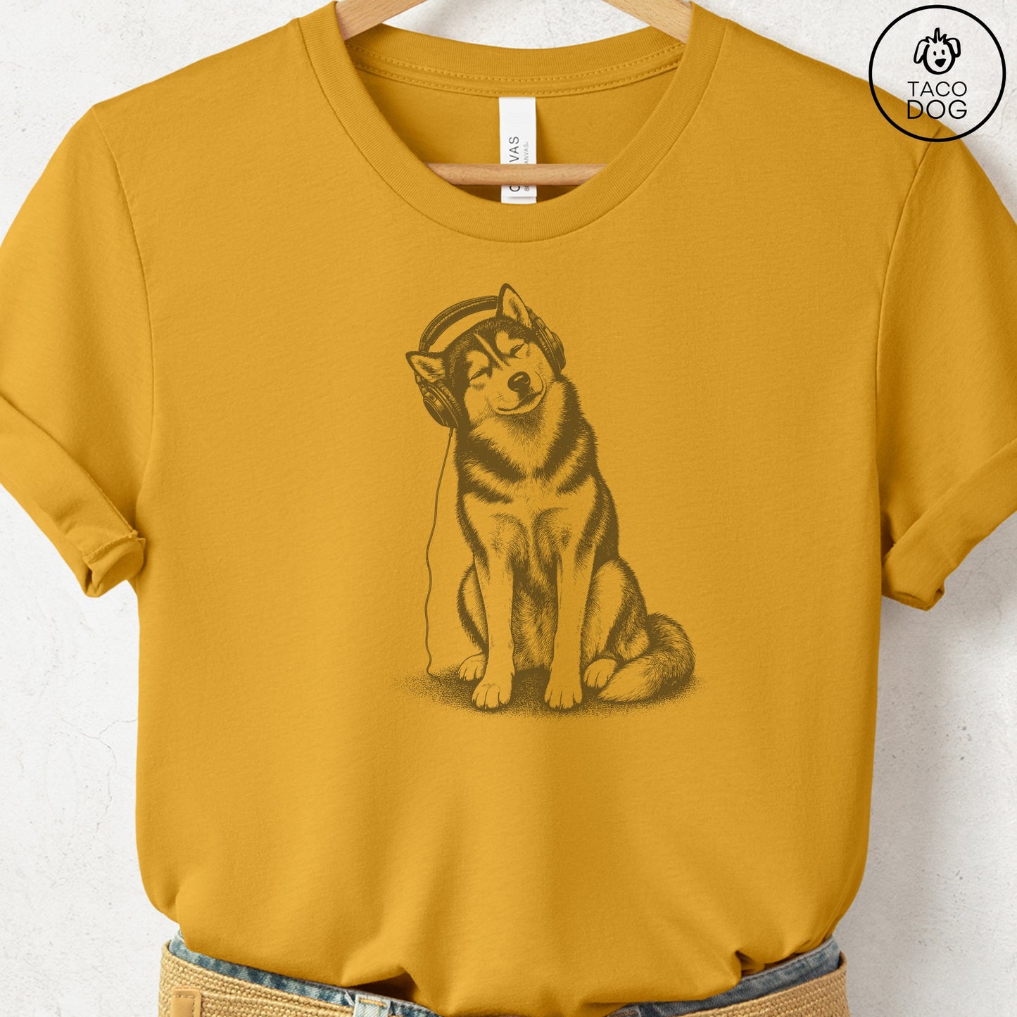 Husky Headphones T-Shirt Mustard Taco-Dog