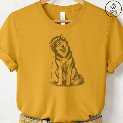 Husky Headphones T-Shirt Mustard Taco-Dog